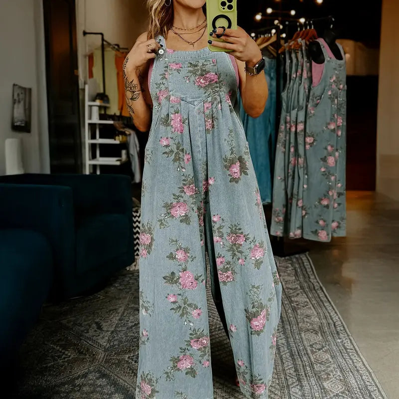 Women's Trendy High Waist Wide Leg Denim Jumpsuit Beau Blue Floral Print Pleated Detail