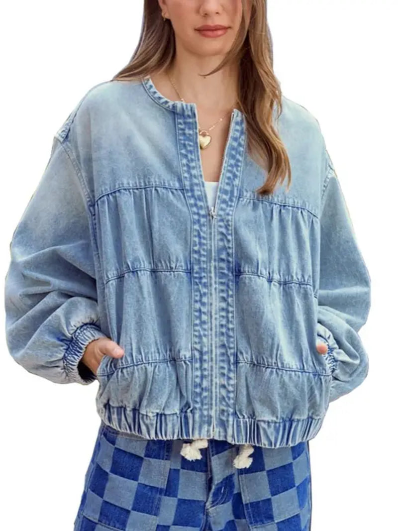 Women Y2K Floral Print Loose Zip Denim Short Jacket With Side Pockets