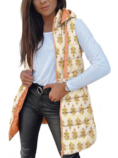 Women Long Hooded Sleeveless Vest With Side Pockets