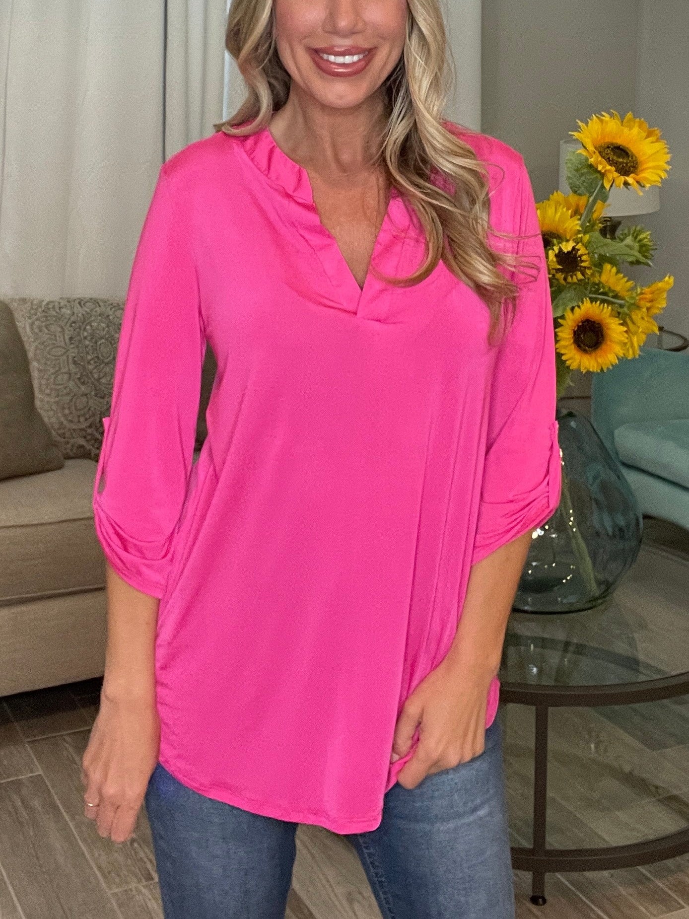 HOT SALE V Neck Satin 3/4 Sleeve Button Blouse