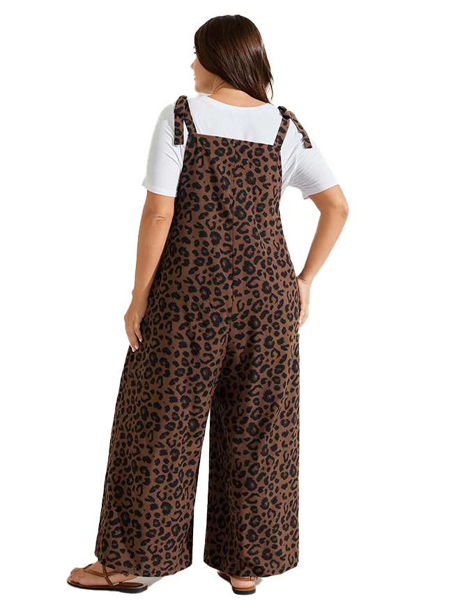 Casual Loose Fit Leopard Overalls Lightweight Wide Leg Jumpsuit With Pockets