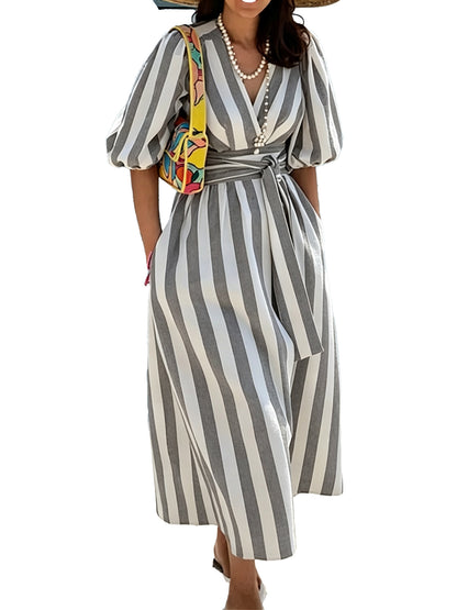 Deep V Neck Puff Sleeve Striped Maxi Dress With Belt