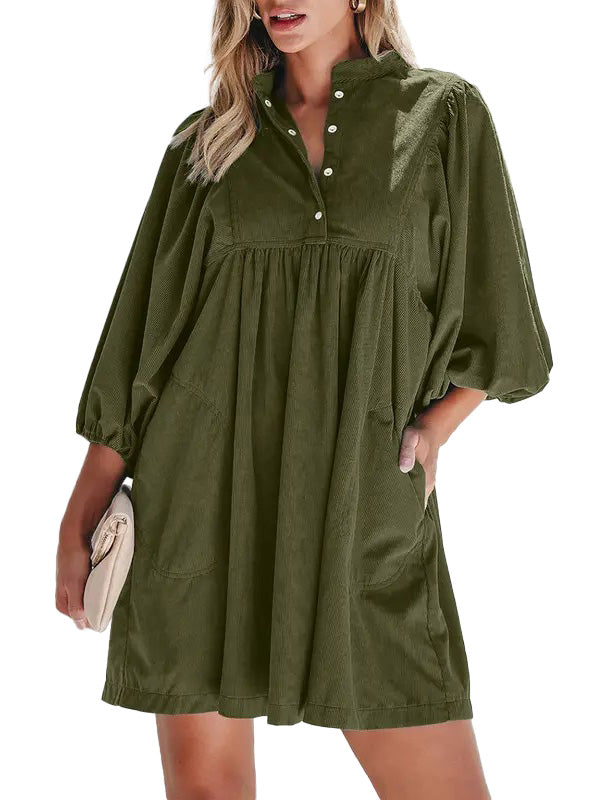 Women Stand Collar Snap Button Empire Waist Mini Dress Bracelet Puff Sleeve With Pockets