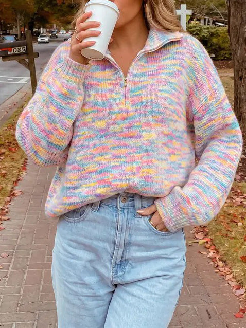 Hot Sale-Women's Oversized Rainbow Marled Half Zip Knit Sweater
