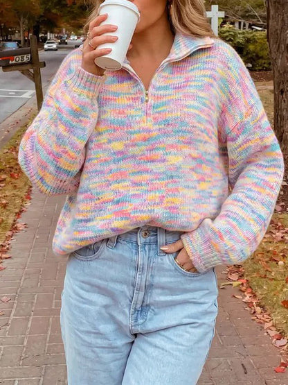 Hot Sale-Women's Oversized Rainbow Marled Half Zip Knit Sweater