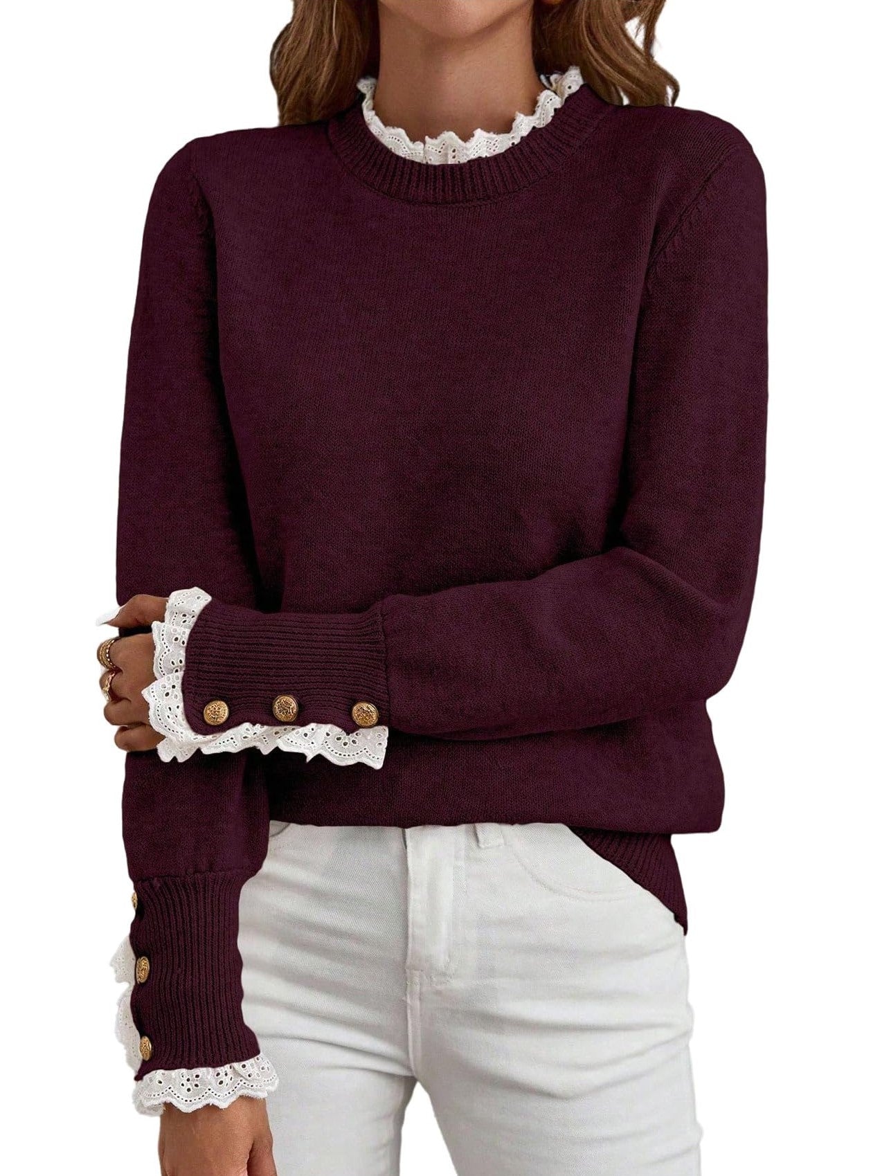 ✨Women's Long Sleeve Knitted Button Lace Trim Sweater