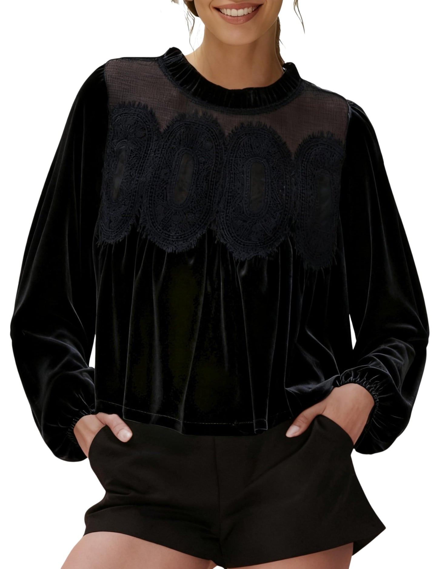 ⏰Hot Sale-Women's Long Sleeve Velvet Trim Lace Blouse Elegant Flared Swing Top