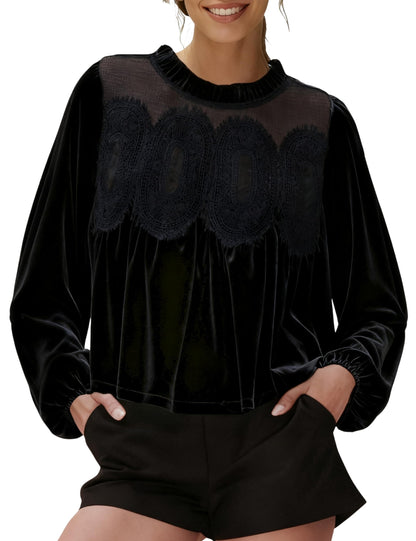 ⏰Hot Sale-Women's Long Sleeve Velvet Trim Lace Blouse Elegant Flared Swing Top