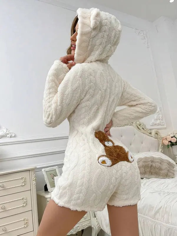 Cute Teddy Bear  Hooded Fleece Romper