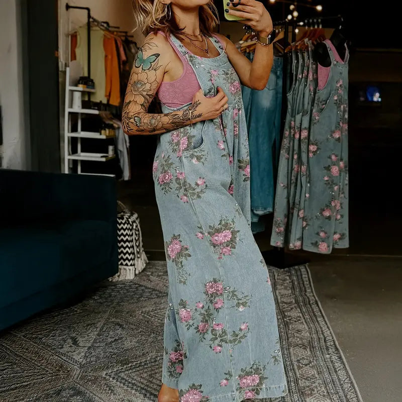 Women's Trendy High Waist Wide Leg Denim Jumpsuit Beau Blue Floral Print Pleated Detail