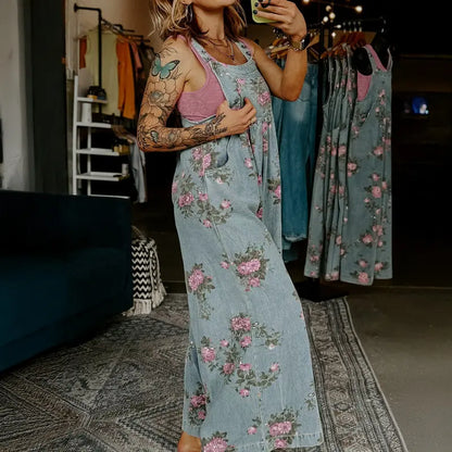 Women's Trendy High Waist Wide Leg Denim Jumpsuit Beau Blue Floral Print Pleated Detail