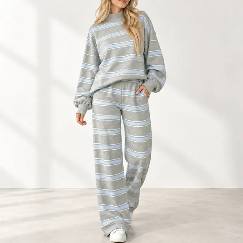 Women Striped Mock Neck 2 Piece Lounge Matching Set