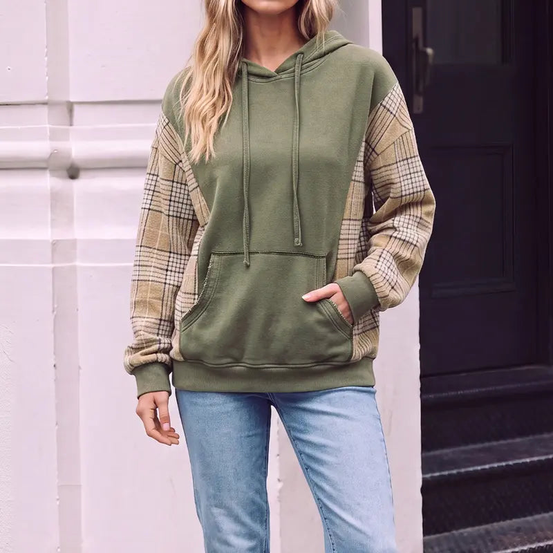 Women's Plaid Spliced Color Block Hoodie