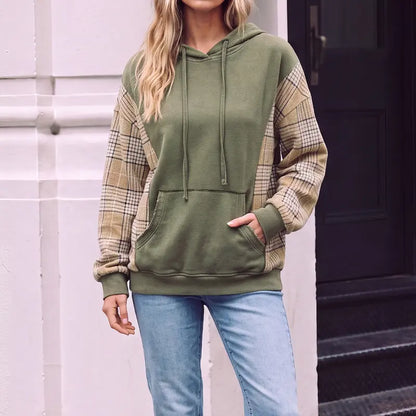 Women's Plaid Spliced Color Block Hoodie