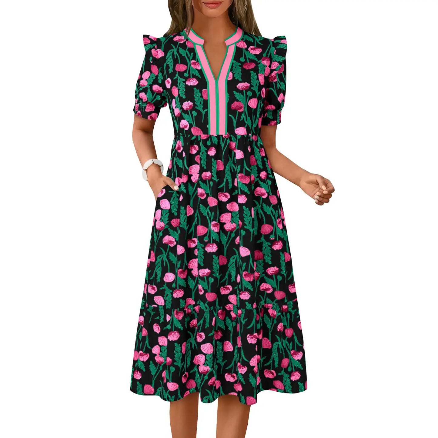 Women's Summer Midi Dress Casual Floral Puff Short Sleeve V Neck Swing