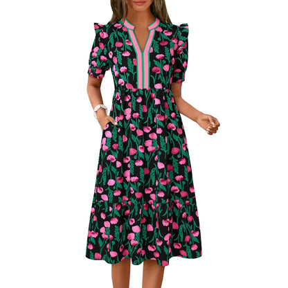 Women's Summer Midi Dress Casual Floral Puff Short Sleeve V Neck Swing