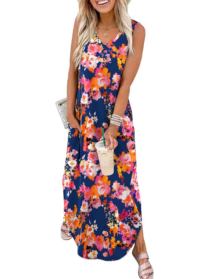 ⏰Hot Sale-Women's Boho Print V Neck Split Tank Long Dress with Pockets