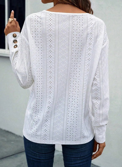 Women Casual V Neck Solid Color Hollow Out Embroidery T-Shirt