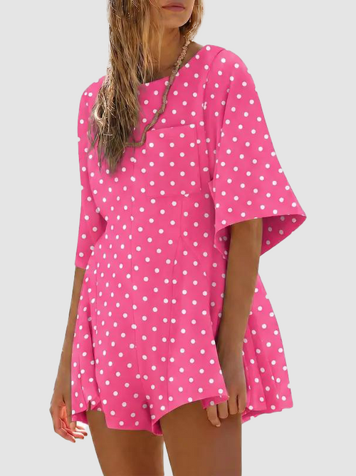 Crew Neck Short Sleeve Loose Casual Romper With Front Pockets