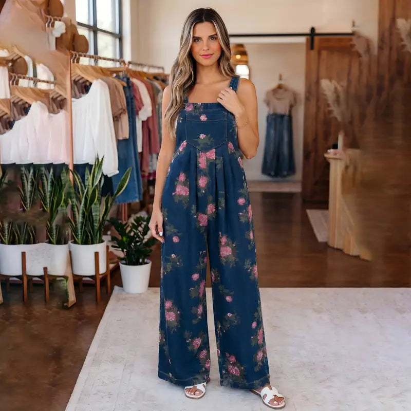 Women's Trendy High Waist Wide Leg Denim Jumpsuit Beau Blue Floral Print Pleated Detail