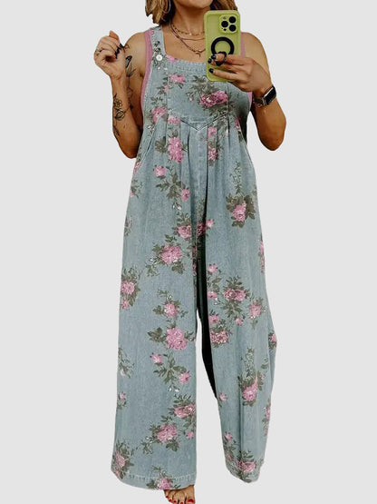 Women's Trendy High Waist Wide Leg Denim Jumpsuit Beau Blue Floral Print Pleated Detail