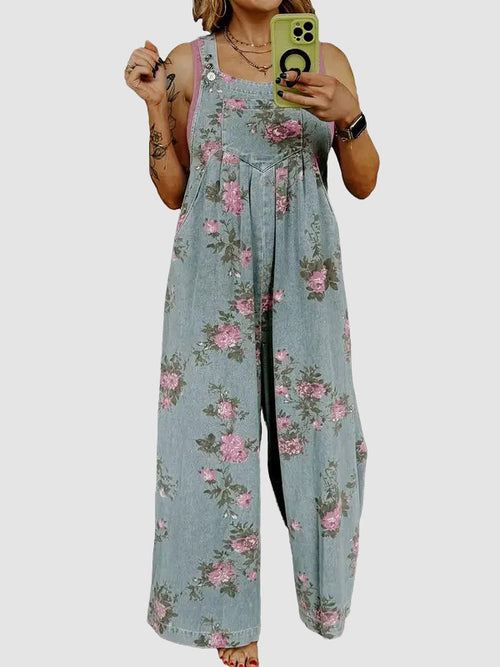 Women's Trendy High Waist Wide Leg Denim Jumpsuit Beau Blue Floral Print Pleated Detail