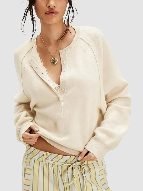 Women Raglan Sleeve Half Button Henley V Neck Soft Knit Long Sleeve Top
