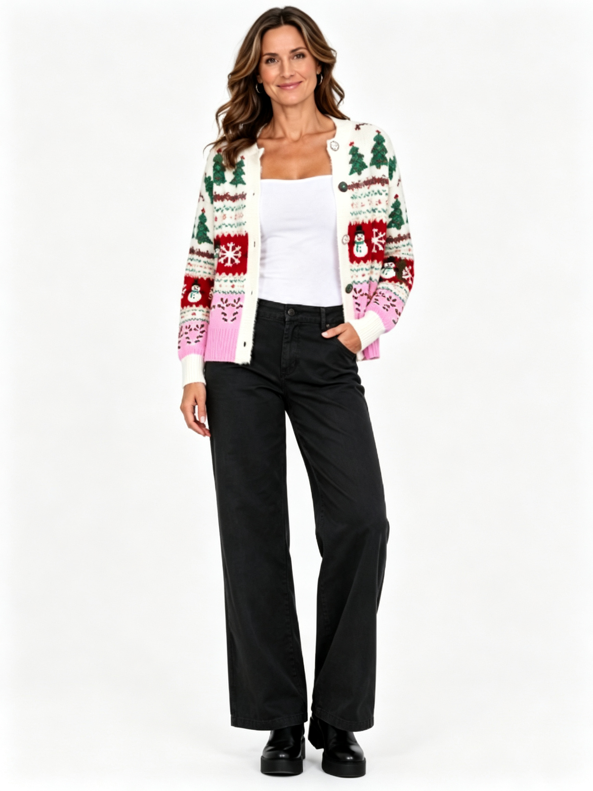 Women Festive Holiday Graphic Button Front Cardigan