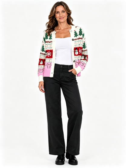 Women Festive Holiday Graphic Button Front Cardigan