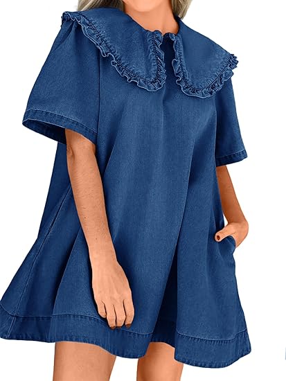 Women's summer denim mini dress, loose Peter Pan collar, casual and flowy babydoll dress