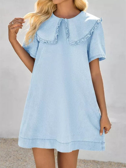 Women's summer denim mini dress, loose Peter Pan collar, casual and flowy babydoll dress