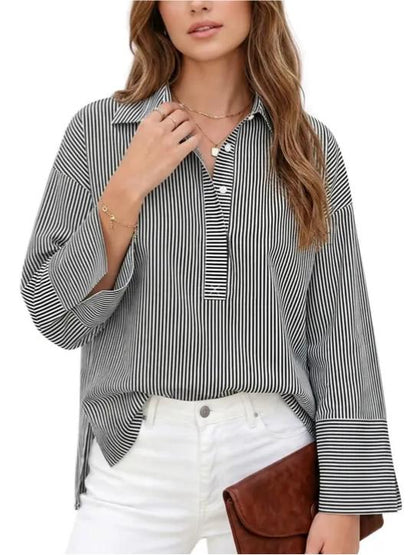 Women Casual Striped Print Long Sleeve Collared Button Front Loose Shirt