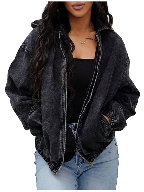 Women's Vintage Washed-Black Hooded Denim Jacket