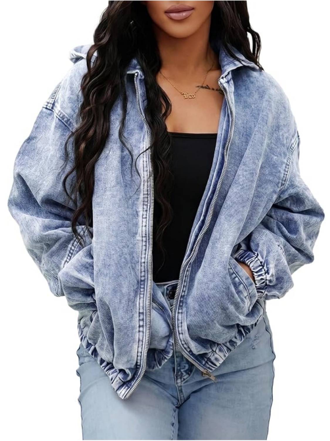 Women's Vintage Washed-Black Hooded Denim Jacket