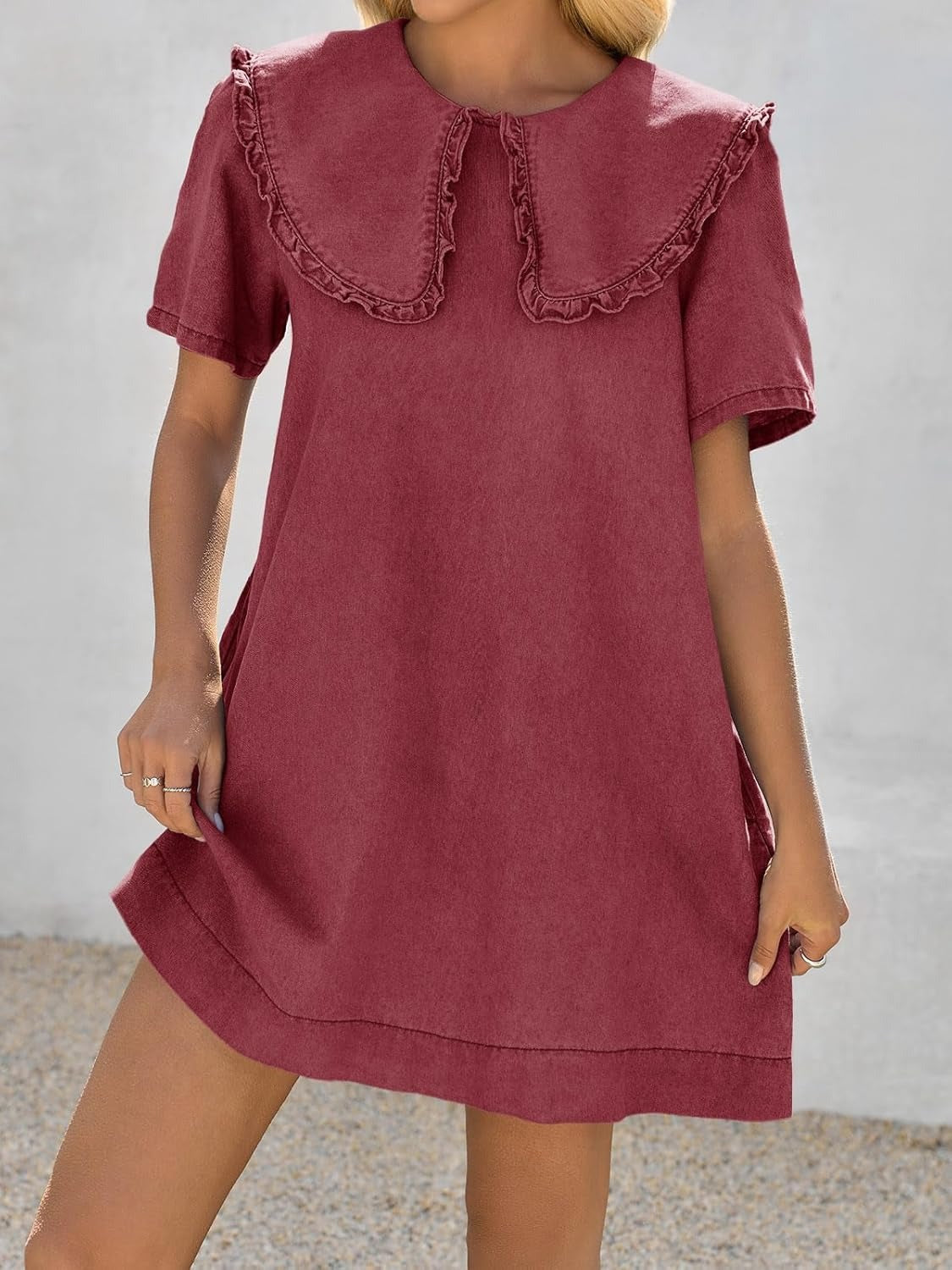 Women's summer denim mini dress, loose Peter Pan collar, casual and flowy babydoll dress