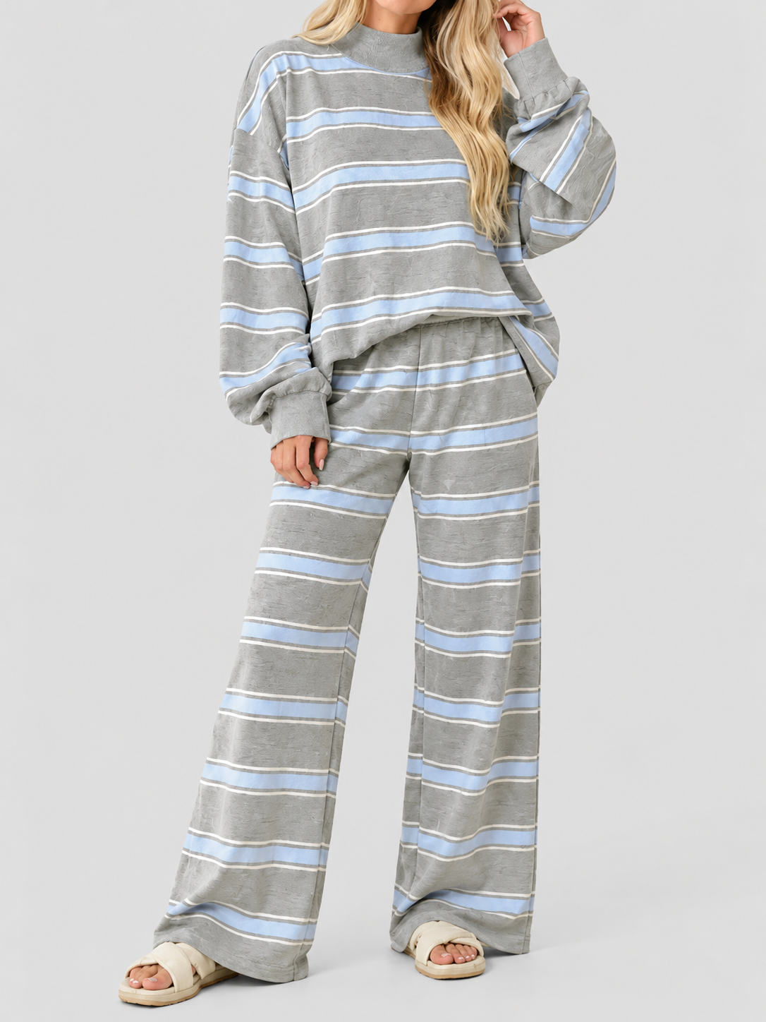 Women Striped Mock Neck 2 Piece Lounge Matching Set