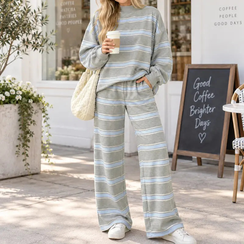 Women Striped Mock Neck 2 Piece Lounge Matching Set