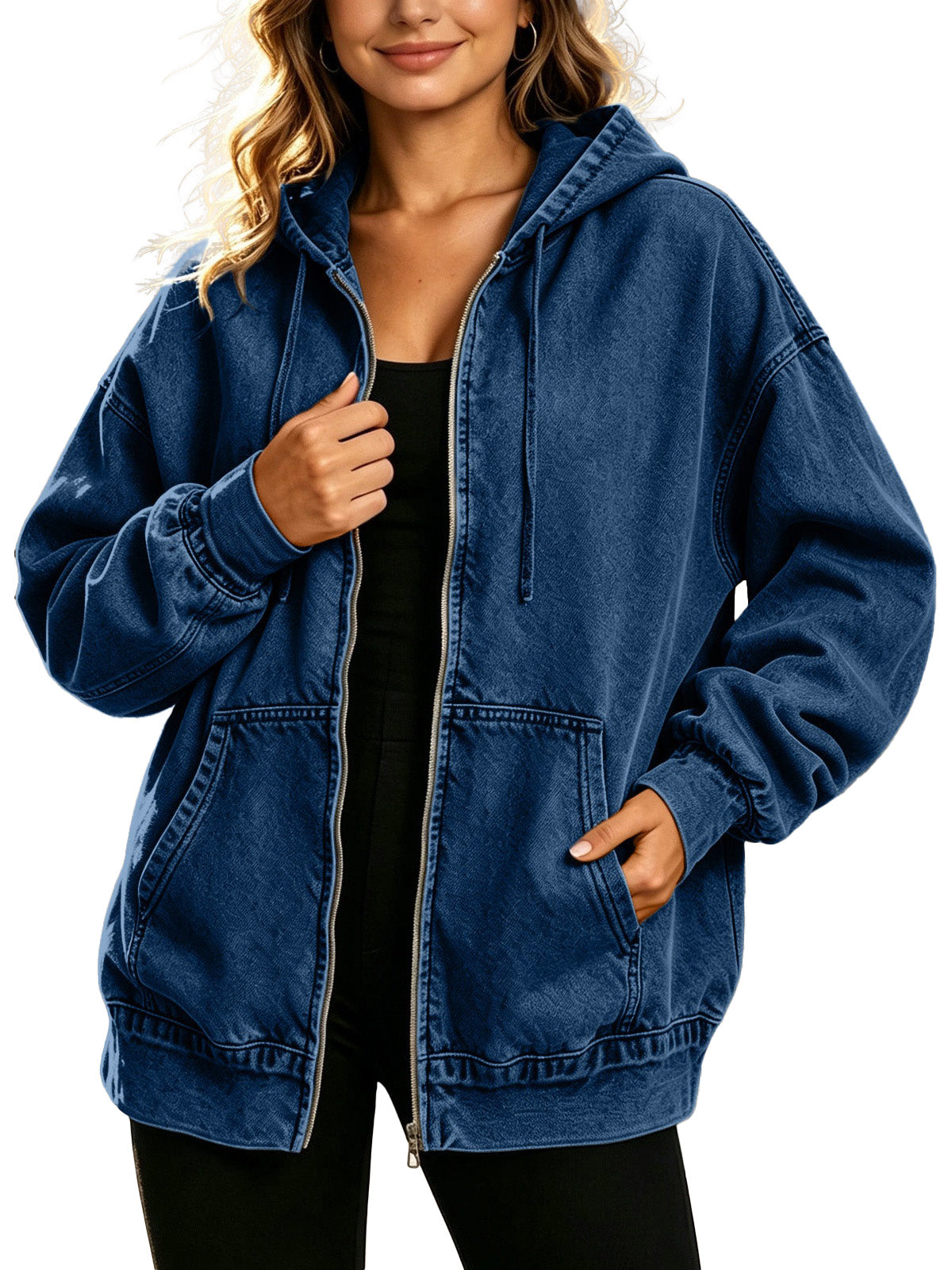 Oversized Zip Up Hooded Denim Jacket
