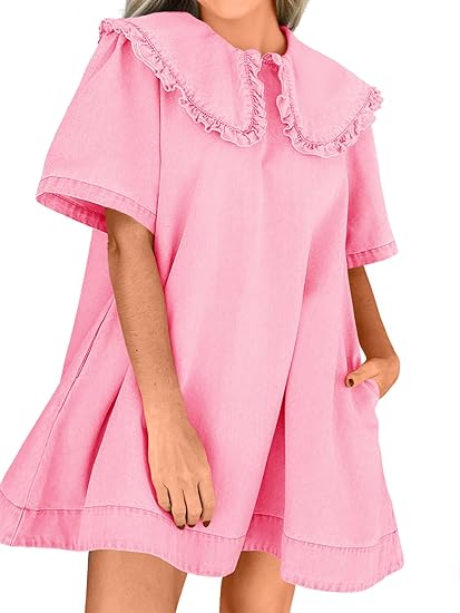 Women's summer denim mini dress, loose Peter Pan collar, casual and flowy babydoll dress
