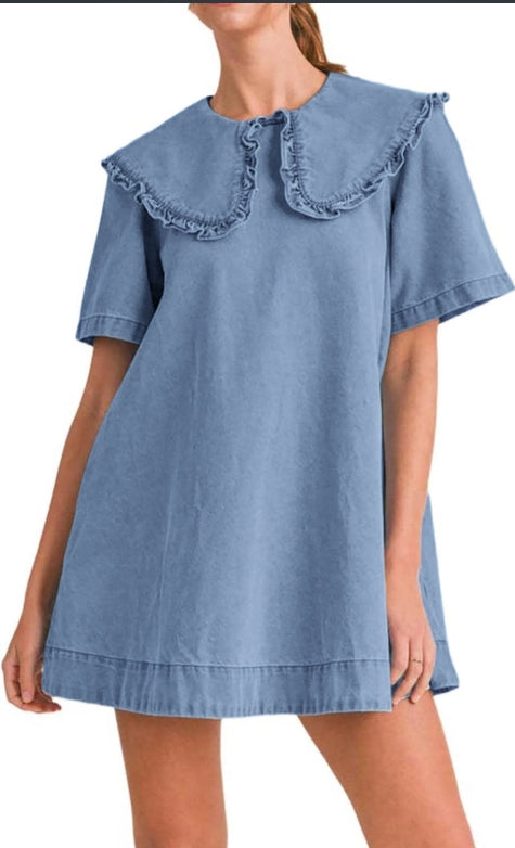 Women's summer denim mini dress, loose Peter Pan collar, casual and flowy babydoll dress