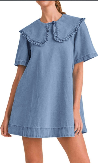 Women's summer denim mini dress, loose Peter Pan collar, casual and flowy babydoll dress