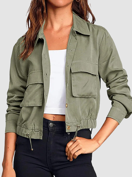 Women Lapel Collar Button Down Pocket Drawstring Hem Cargo Windbreaker Jacket