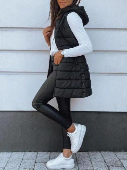 Women Solid Long Hooded Puffer Vest Side Slit Outerwear With Pockets