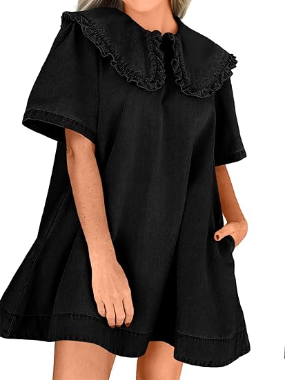 Women's summer denim mini dress, loose Peter Pan collar, casual and flowy babydoll dress