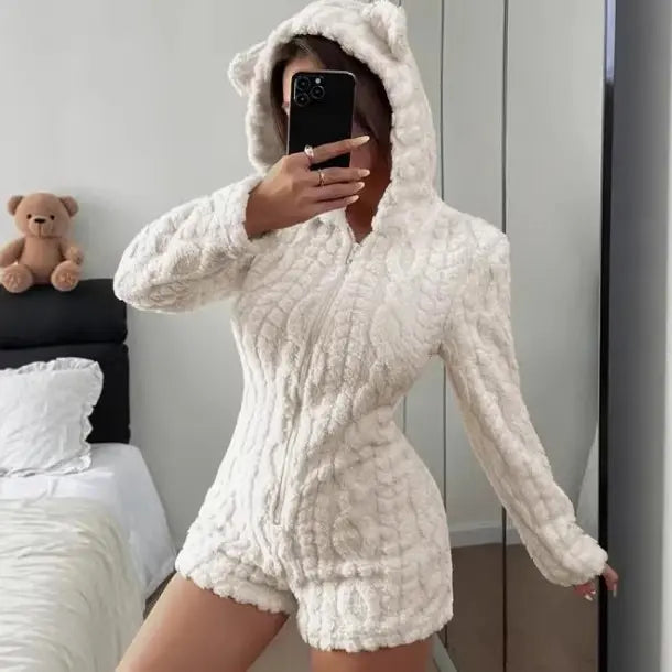 Cute Teddy Bear  Hooded Fleece Romper