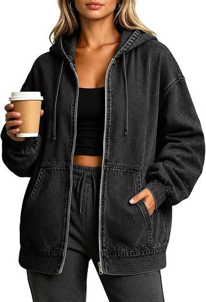 Oversized Zip Up Hooded Denim Jacket