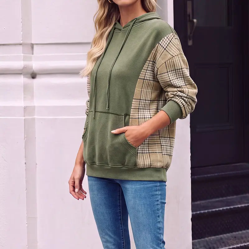 Women's Plaid Spliced Color Block Hoodie