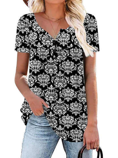 ✨Women's Printed Botton Down Pleated Short Sleeve Shirts Tunic Tops