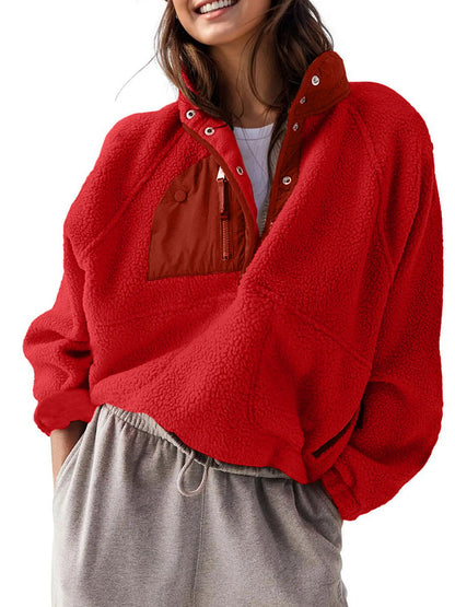 Women Color Block Half Snap Cropped Fleece Pullover Jacket