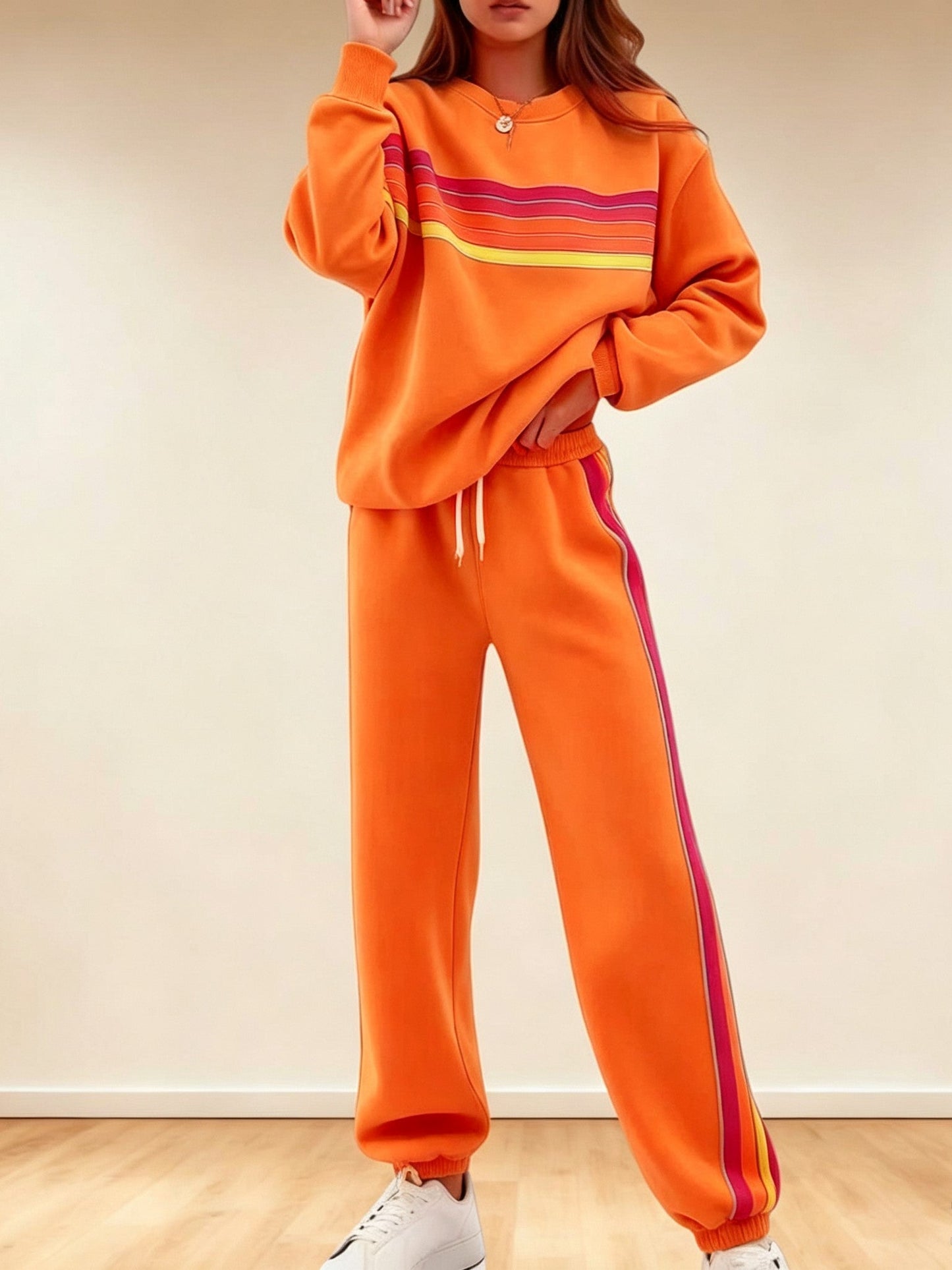 Women's Retro Striped Long Sleeve Sweat Top & Jogger Pants Two‑Piece Set